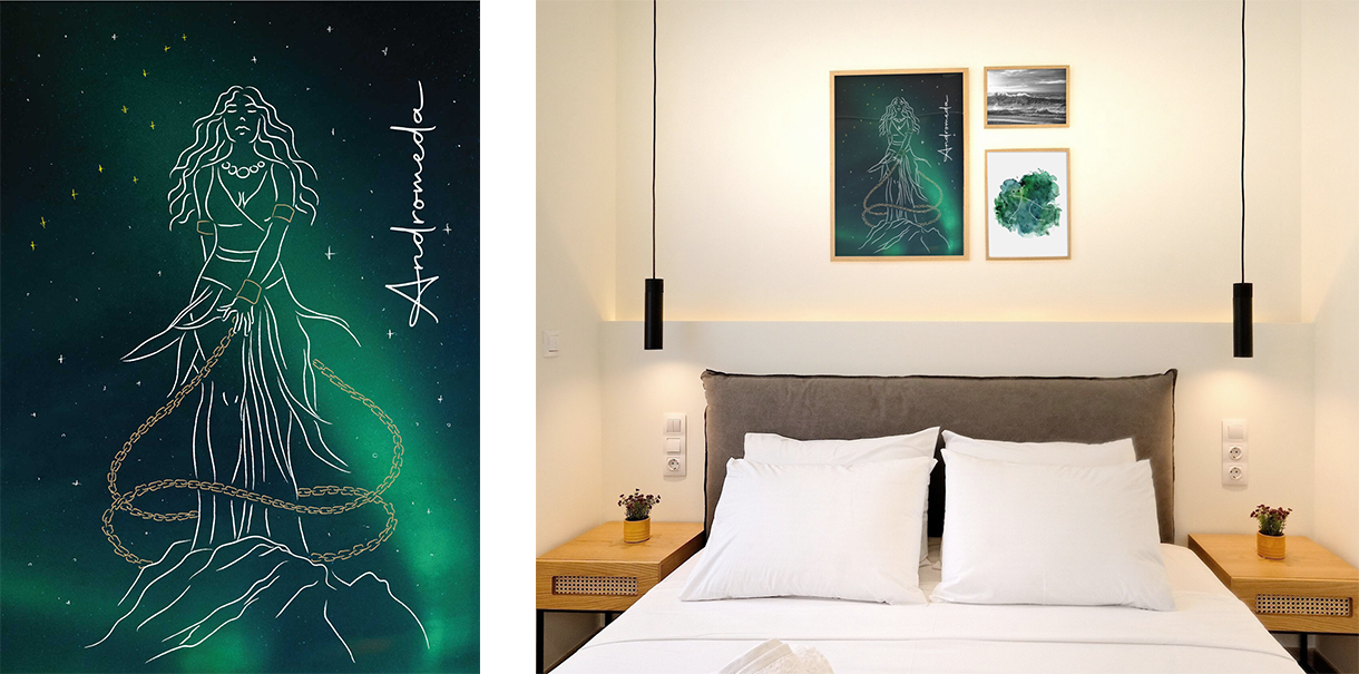 Wall art illustrations and graphics of Andromeda that decorate the bedroom of a themed hotel. By The Blank Sheep