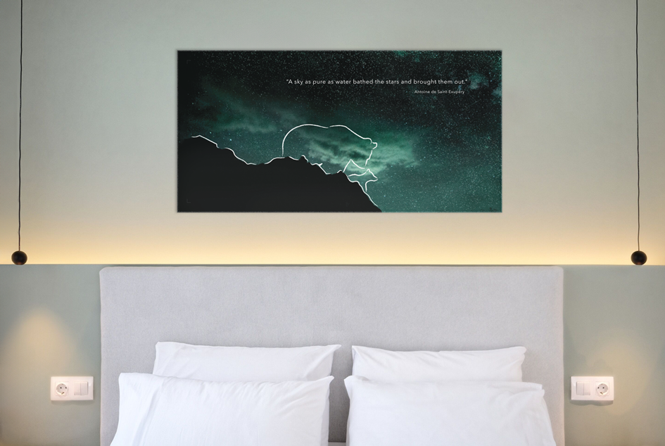 Wall art illustration that decorate the bedroom of a themed hotel. Design by The Blank Sheep