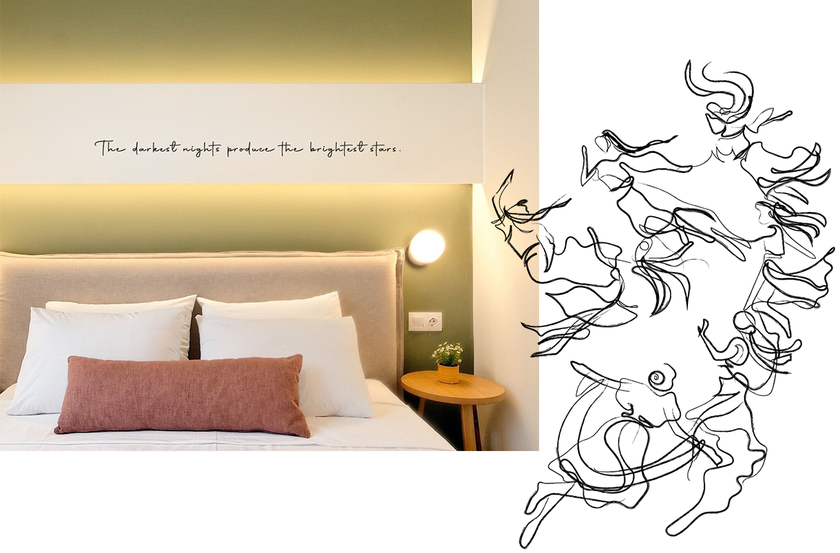 Minimal one-line illustration and quote that decorate a themed hotel. Design by The Blank Sheep