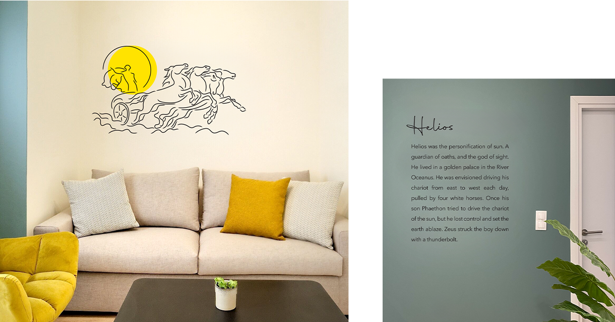 Illustration and typography that decorate a themed hotel in Athens with the concept of Sun. Design by The Blank Sheep