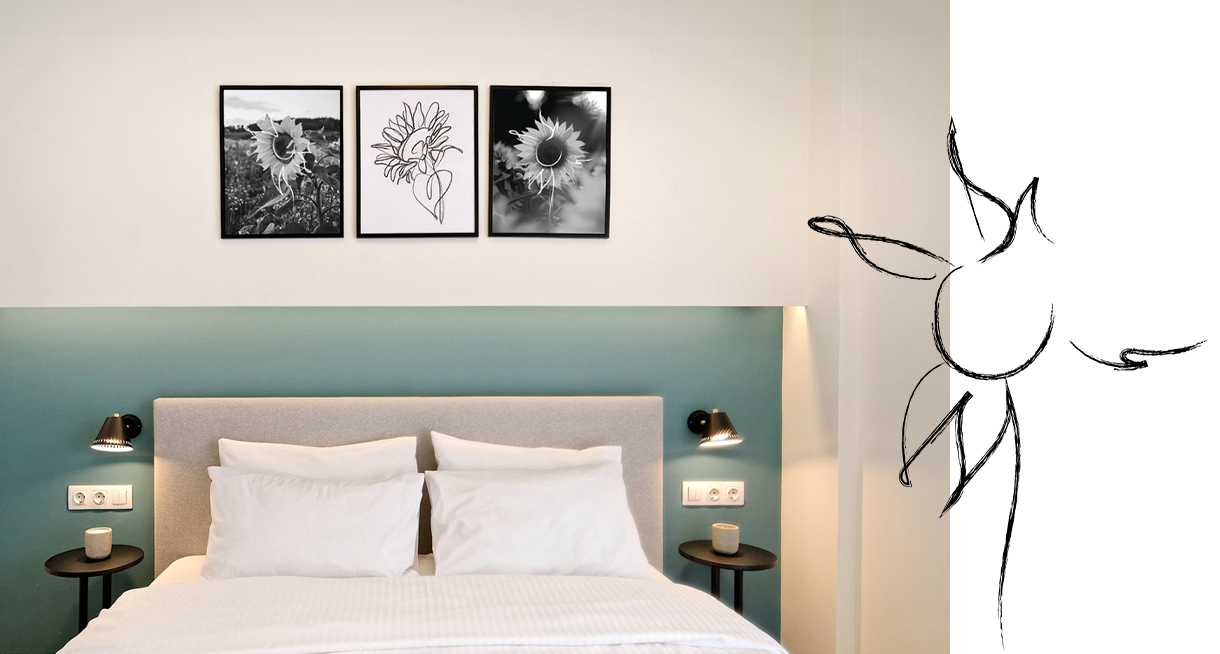 Graphics and illustrations of sunflowers that decorate a themed hotel in Athens. Design by The Blank Sheep