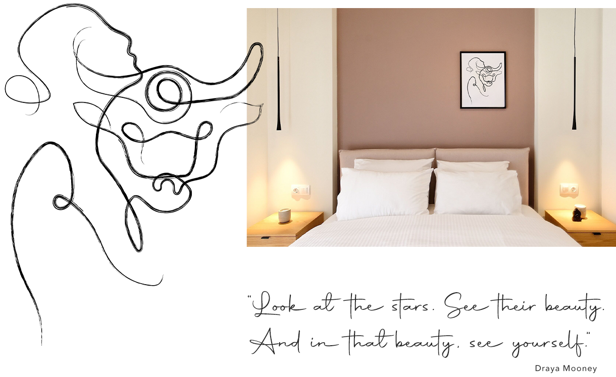 Minimal one-line illustration and quote that decorate a themed hotel. Design and typography by The Blank Sheep