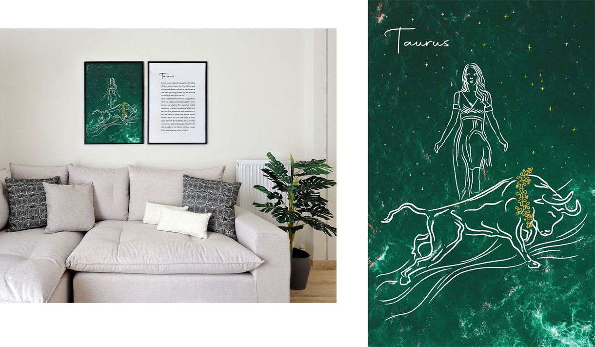 Illustration of Taurus in Greek mythology that decorate a themed hotel. Design by The Blank Sheep