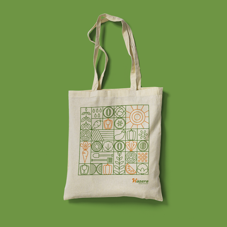 Minimal pattern of vegetable icons for Hazera's campaign, printed on a totebag. Designed by The Blank Sheep