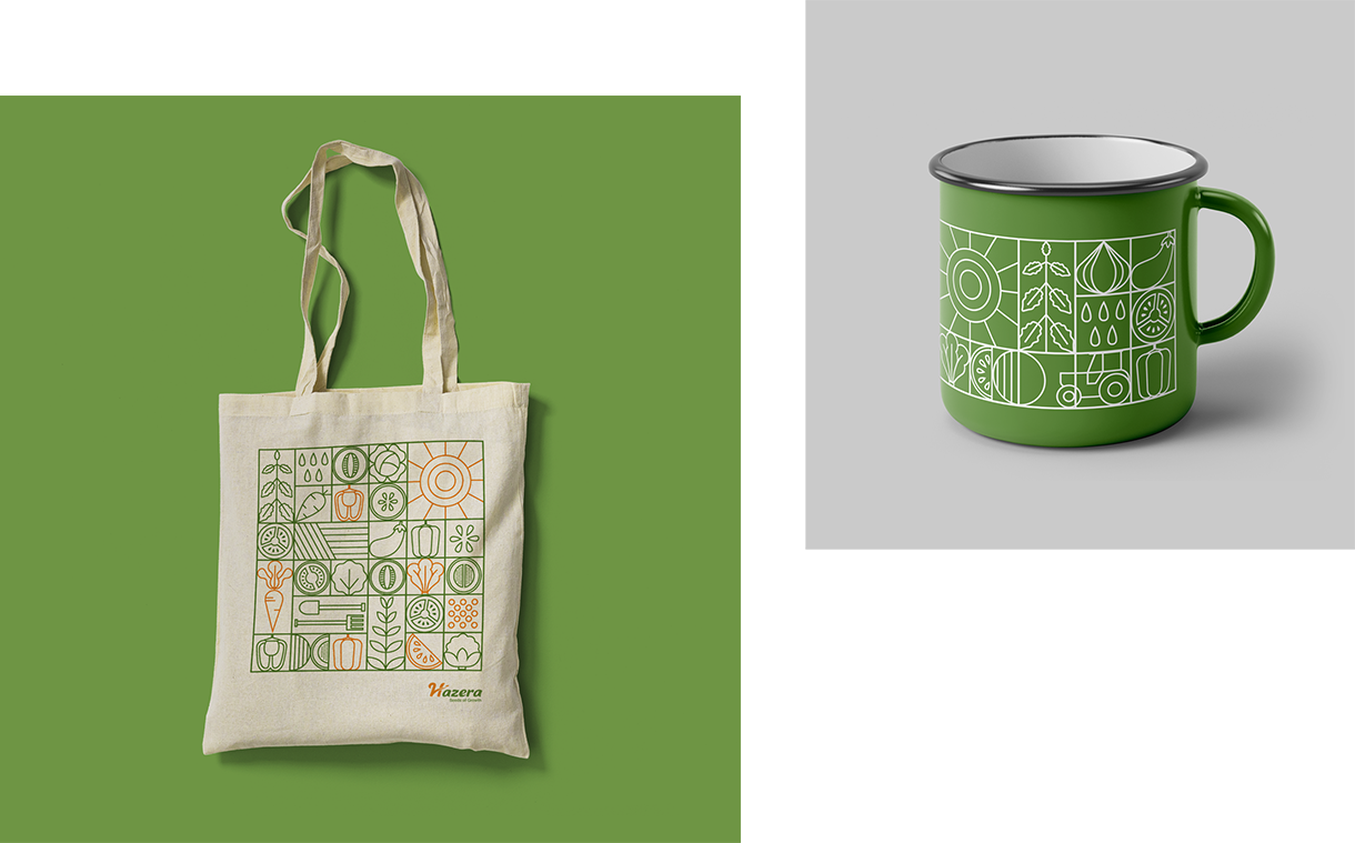 Printed mug and totebag with minimal pattern of vegetable icons for Hazera's campaign. Designed by The Blank Sheep