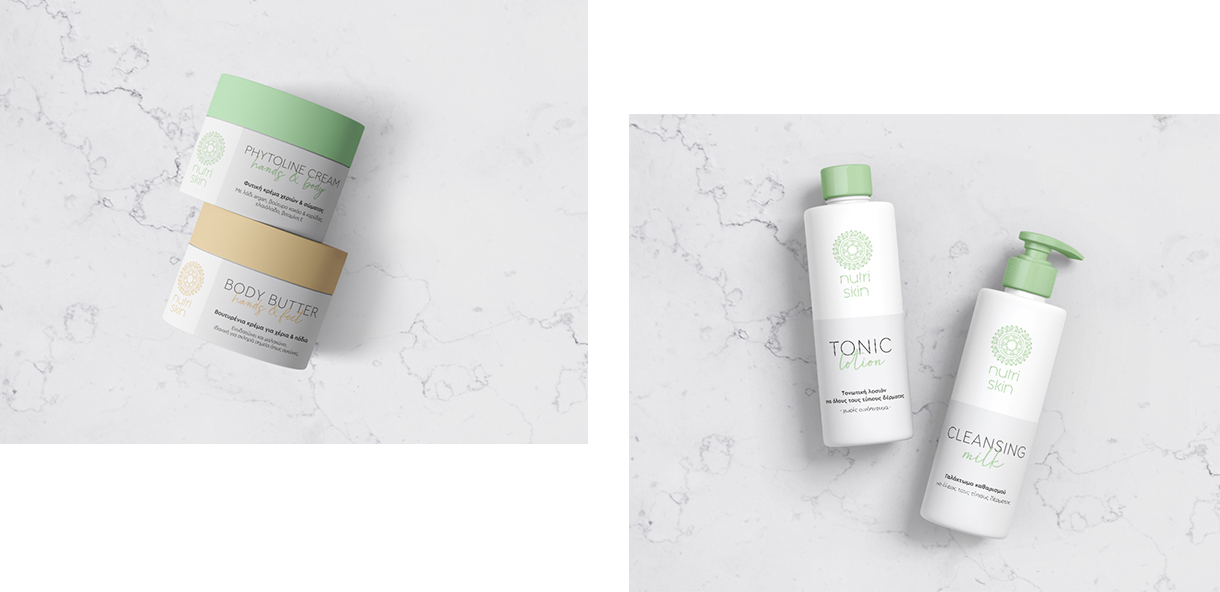 Label and packaging design for Nutriskin's face creams and cleansing cosmetic line. By the Blank Sheep.