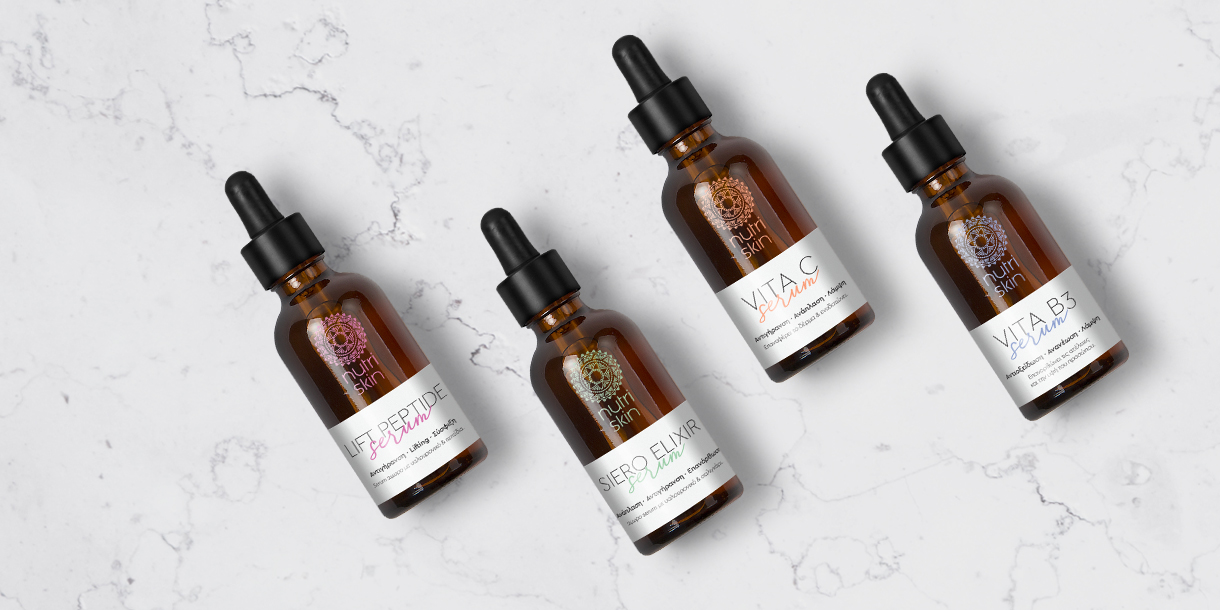 Label design for Nutriskin's face serums cosmetic line. By the Blank Sheep.