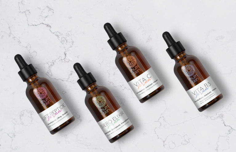 Label design for Nutriskin's face serums cosmetic line. By the Blank Sheep.