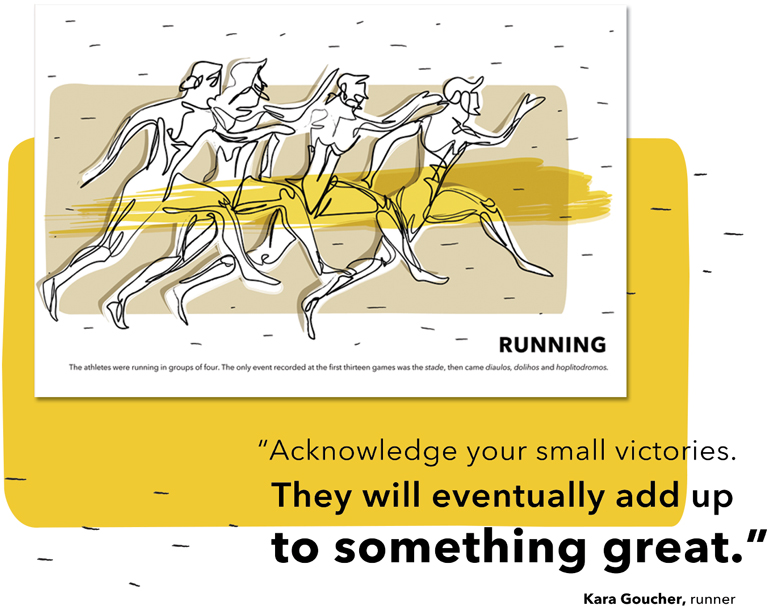 Minimal illustration of runners and quote. Part of Olympic Spirit series that decorate a hotel. By The Blank Sheep.