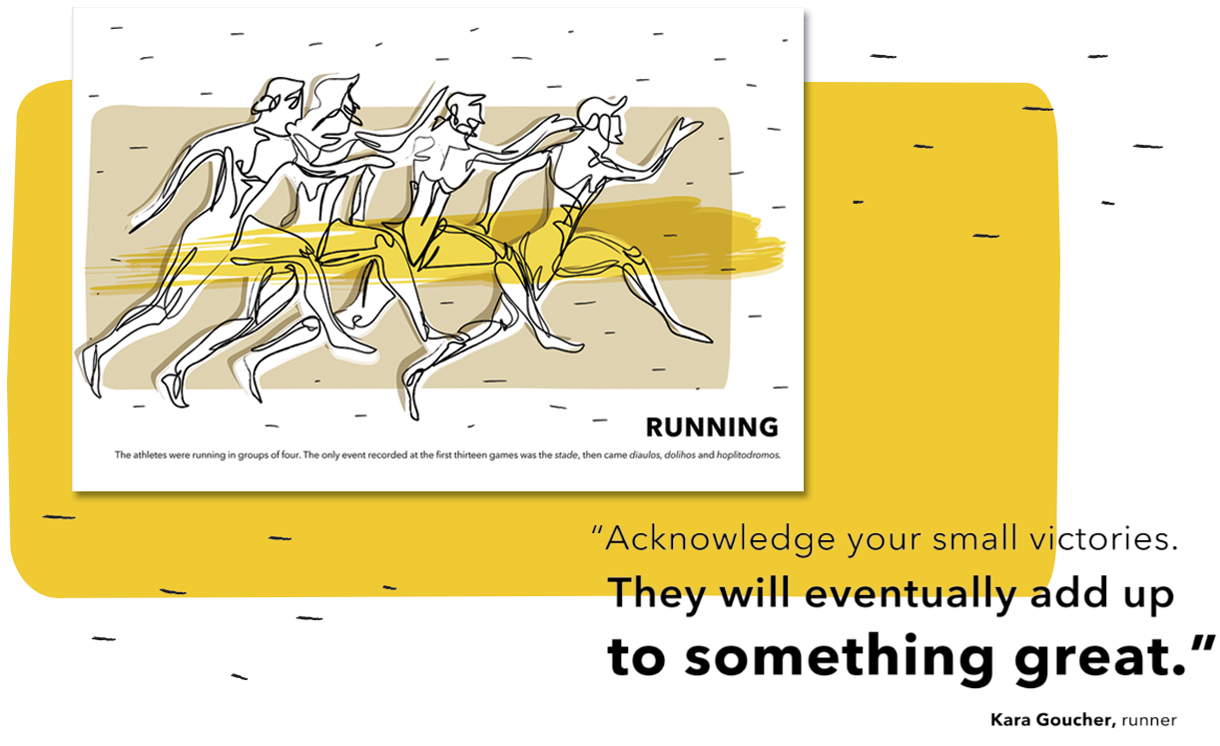 Minimal illustration of runners and quote. Part of Olympic Spirit series that decorate a hotel. By The Blank Sheep.