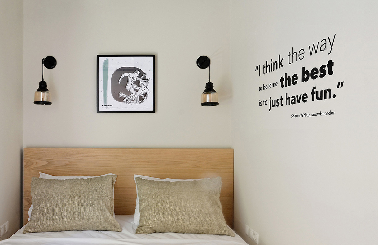 Wall art illustration and typography, part of the Olympic Spirit series that decorate a hotel's interior. By The Blank Sheep.